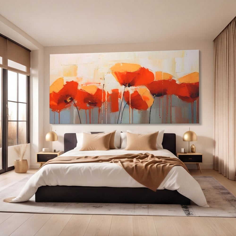 Tablou canvas cu tablou canvas cu maci in ulei, fara rama, pe sasiu de lemn, pe perete intr-un dormitor